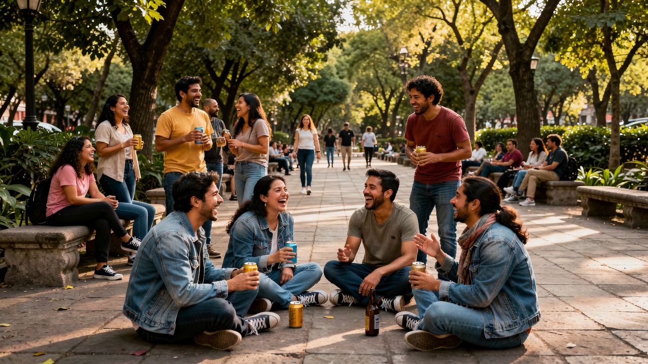 Company team enjoying a relaxed picnic and conversation in Bosque de Chapultepec, Mexico City with castle views in soft afternoon light