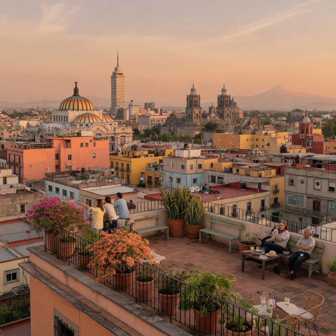 Panoramic sunset view of Mexico City skyline from a high mirador