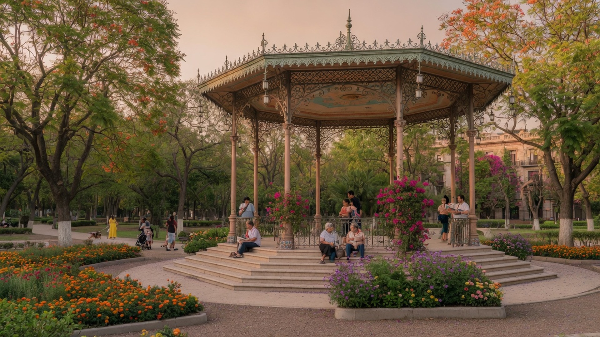 Shaded benches and fountain in charming Parque España Condesa