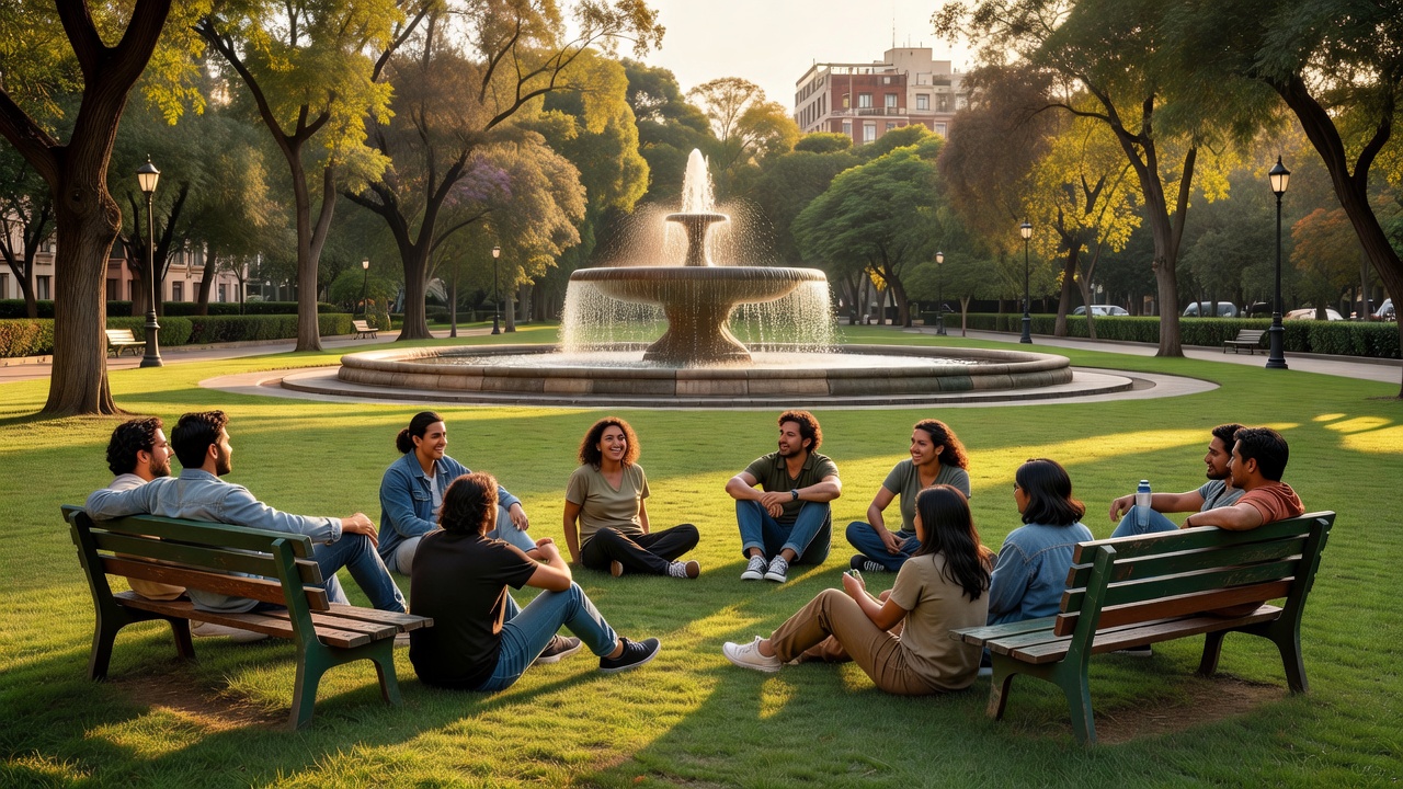 Art-deco fountain and green space at Parque México with people relaxing on grass