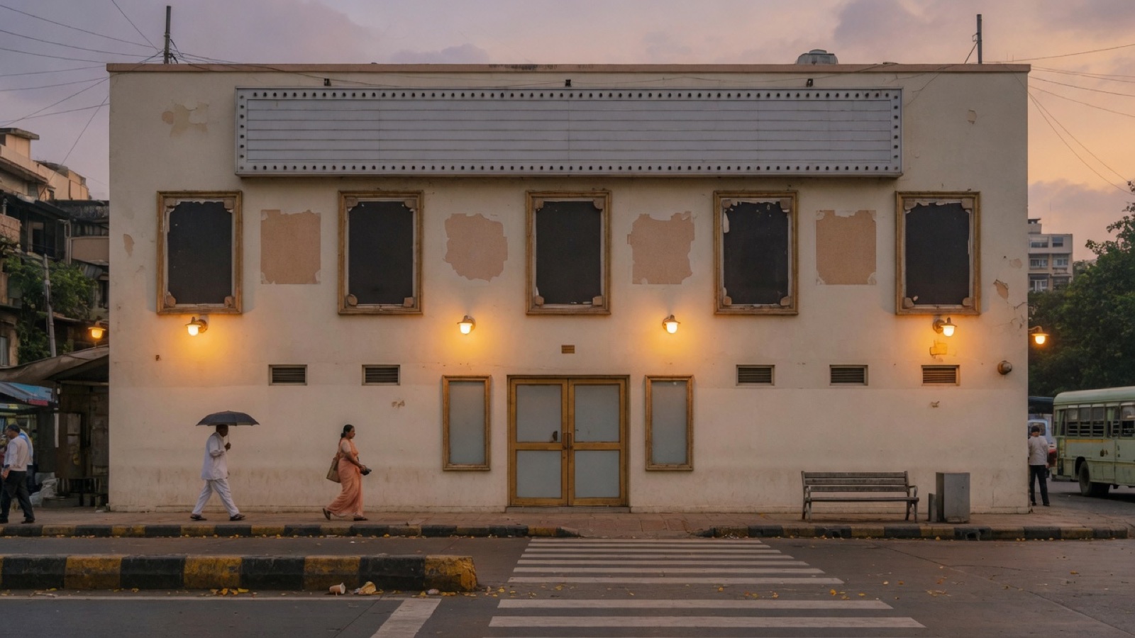 Cinema street frontage dusk Mumbai