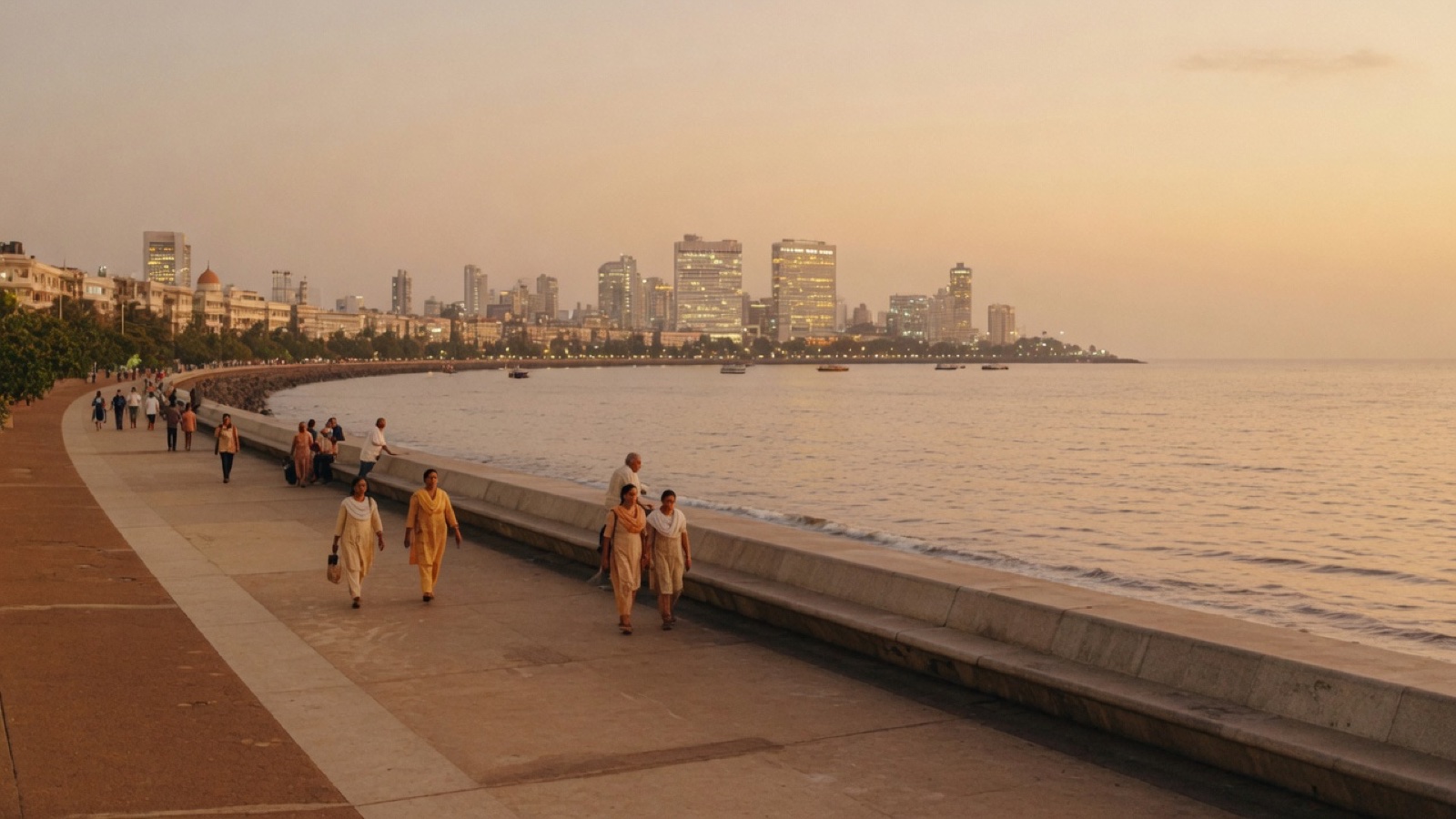 Marine Drive curved promenade evening lights Mumbai
