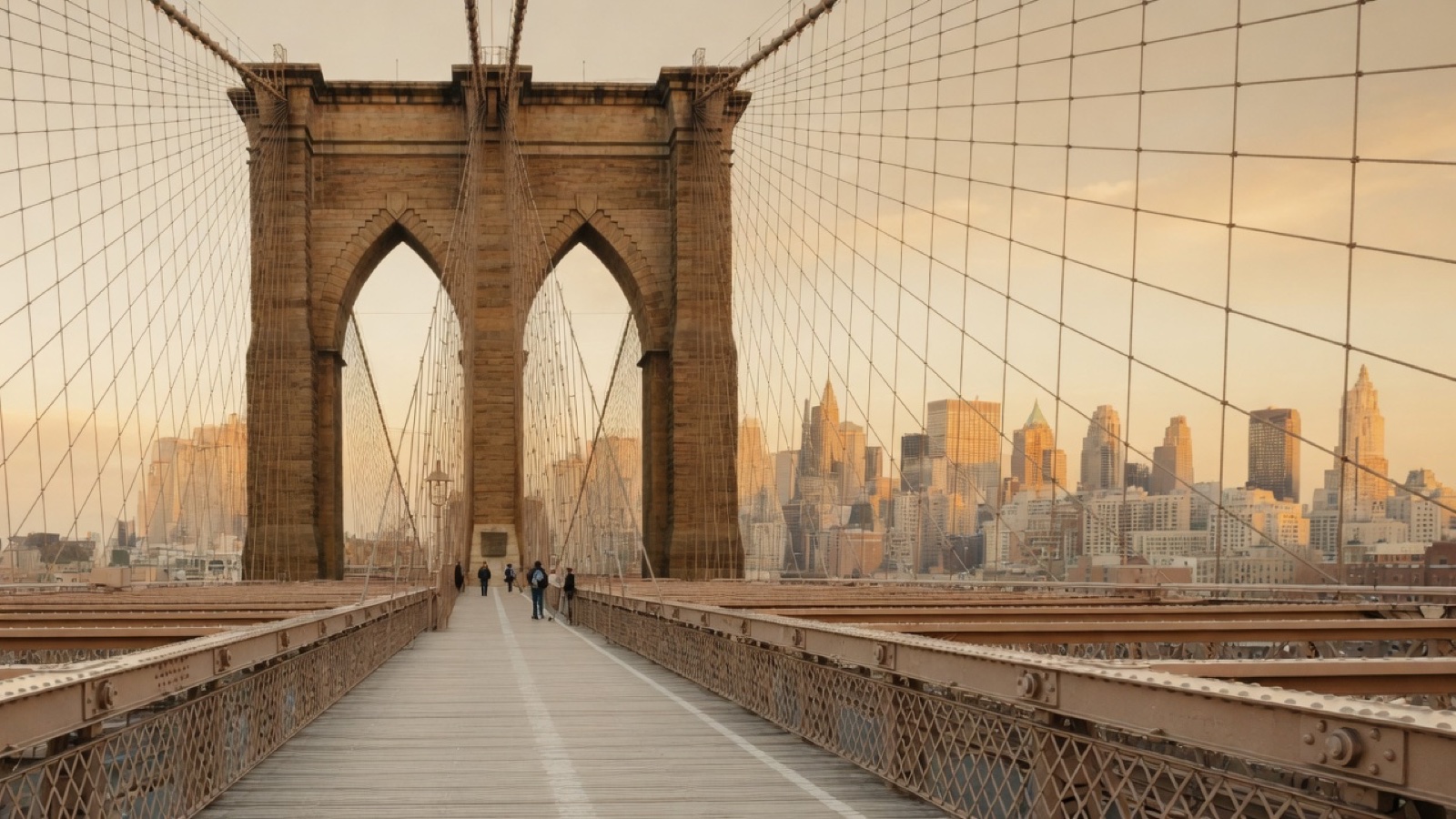 Brooklyn Bridge pedestrian walkway toward Manhattan skyline
