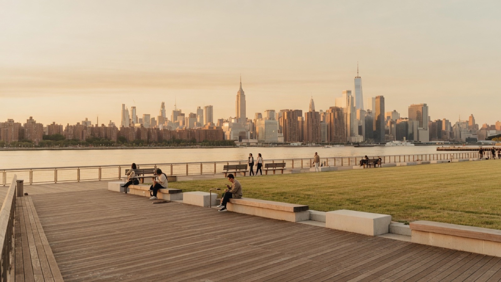 Waterfront park path with Manhattan view Domino Park Brooklyn