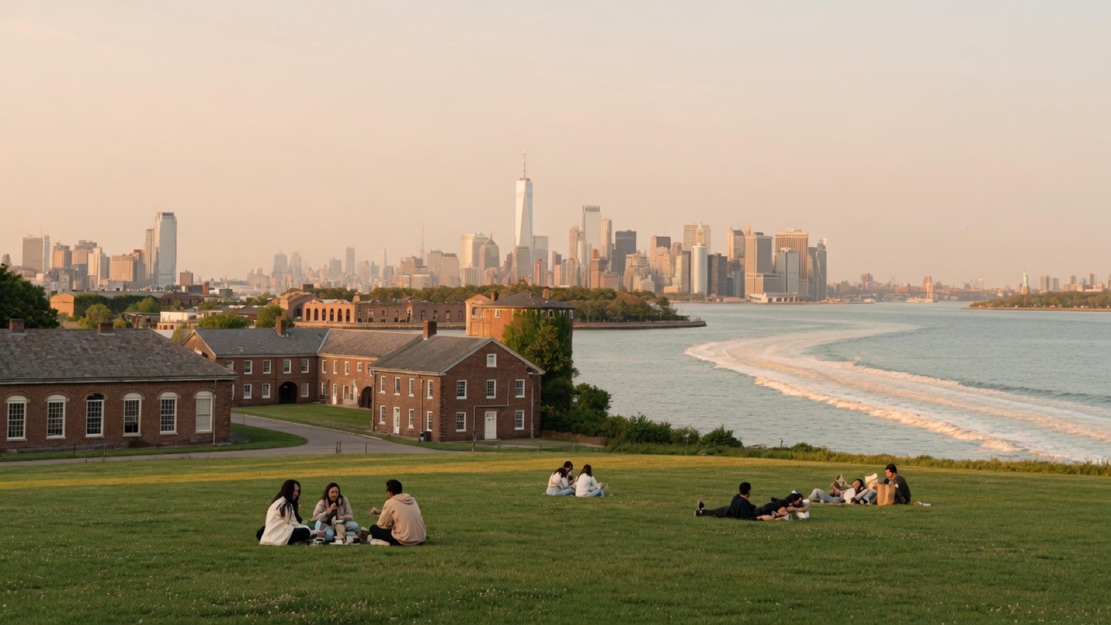 Harbor path and lawns on Governors Island New York