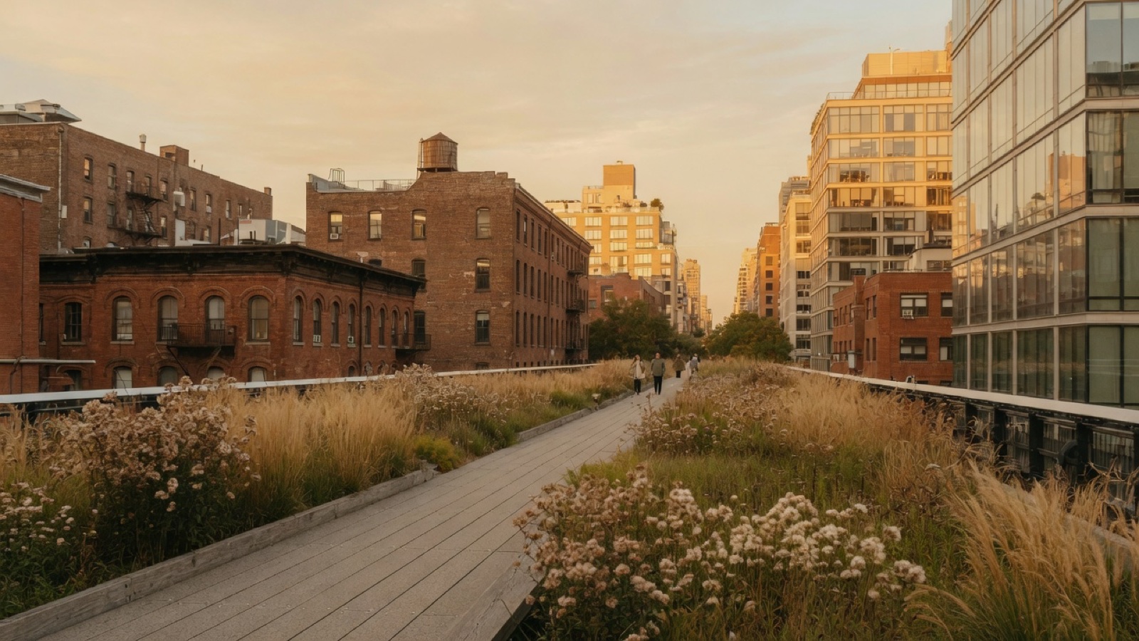 Evening light on an elevated park path overlooking Manhattan streets