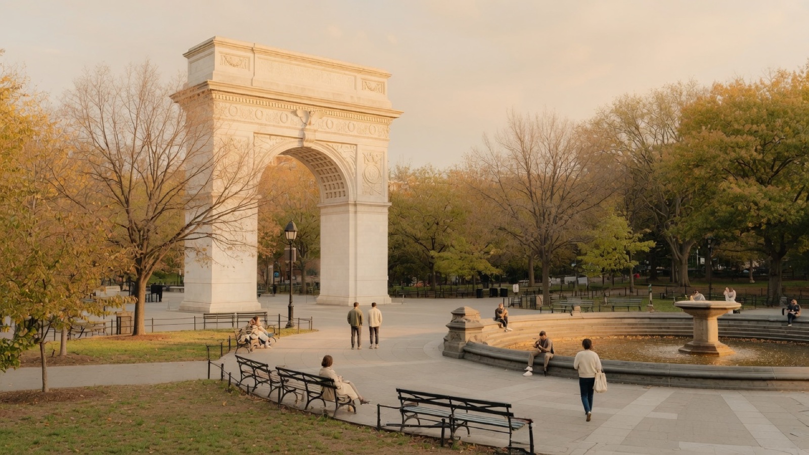 Washington Square Arch and park plaza New York