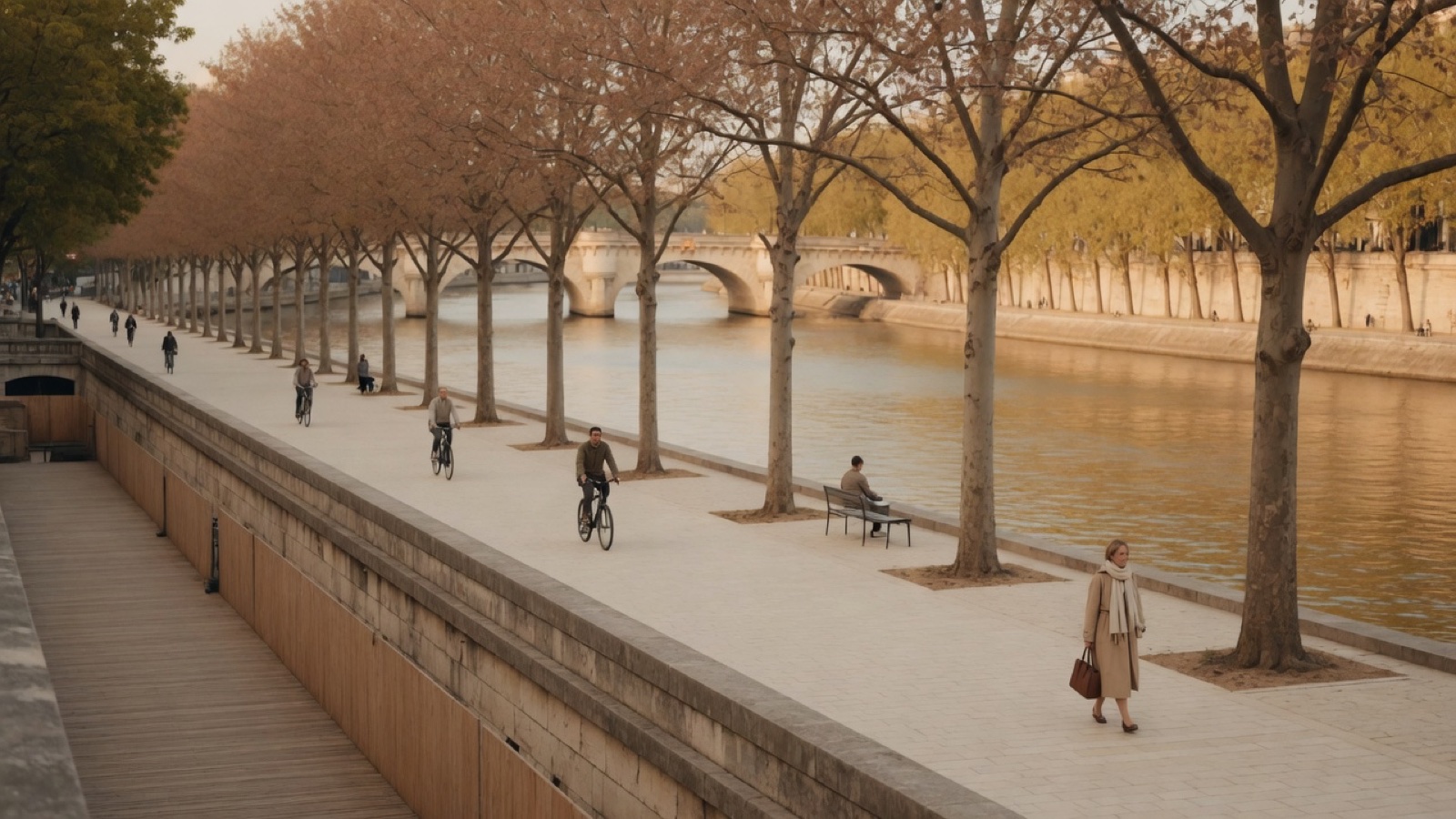 People on Seine riverbanks Paris dusk