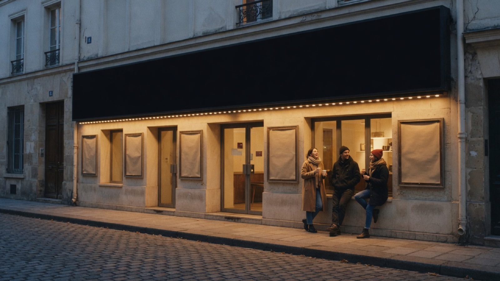 Paris cinema street frontage dusk