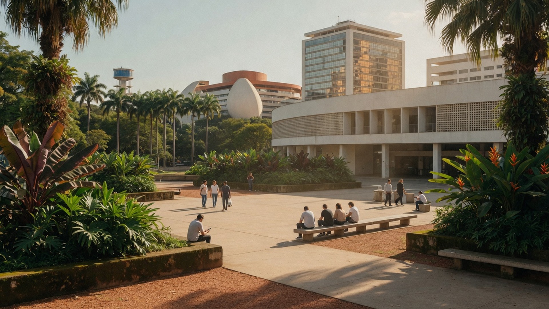Wide view of friends gathering on the edges of Ibirapuera Park in São Paulo on a sunny weekend afternoon, with people picnicking and walking under the trees in warm daylight