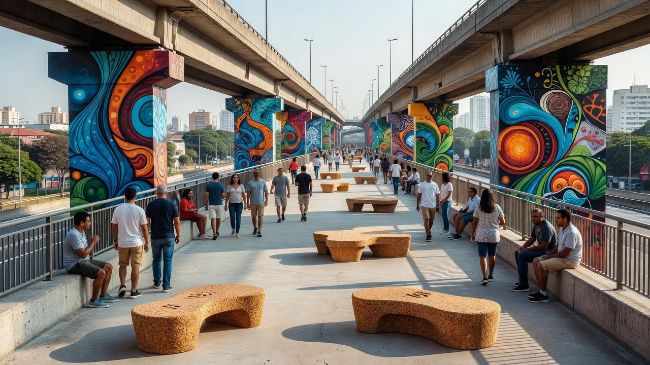 Friends walking and sitting on the car-free Minhocão elevated park with São Paulo skyline behind