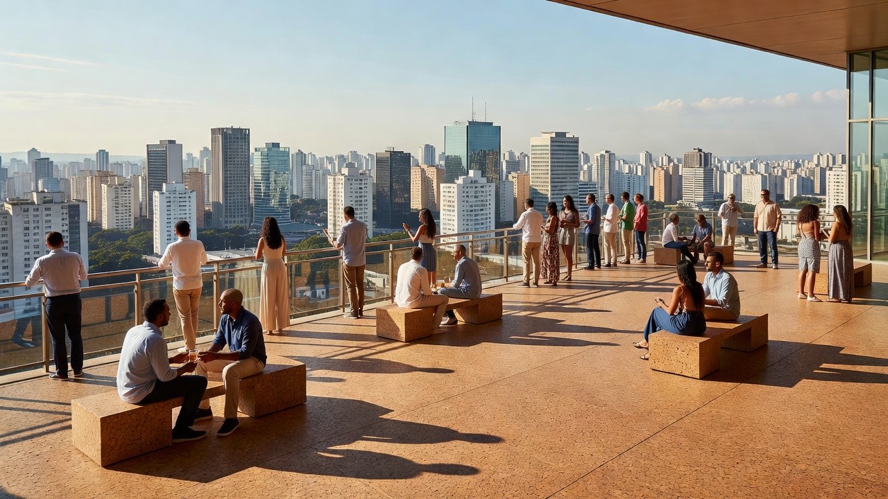 Friends enjoying the panoramic city view from a São Paulo mirante at golden hour