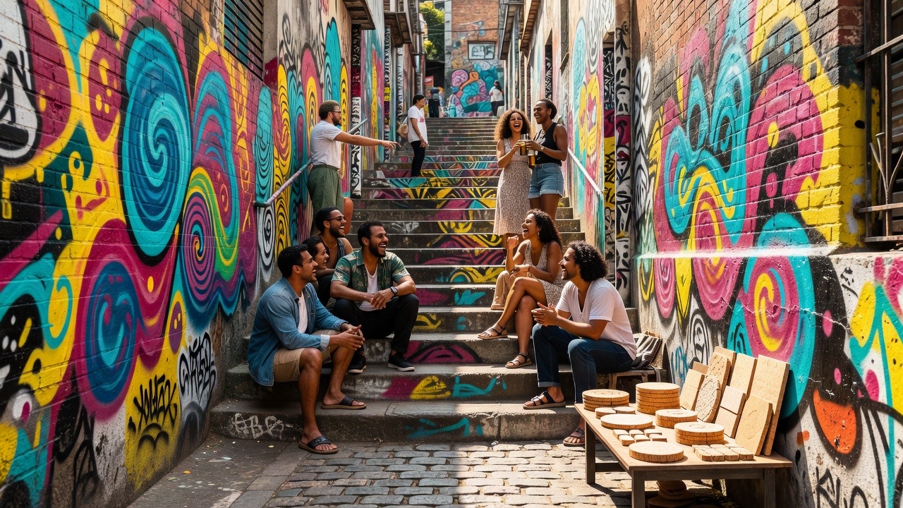 Friends admiring colourful street art in Beco do Batman, Vila Madalena, São Paulo