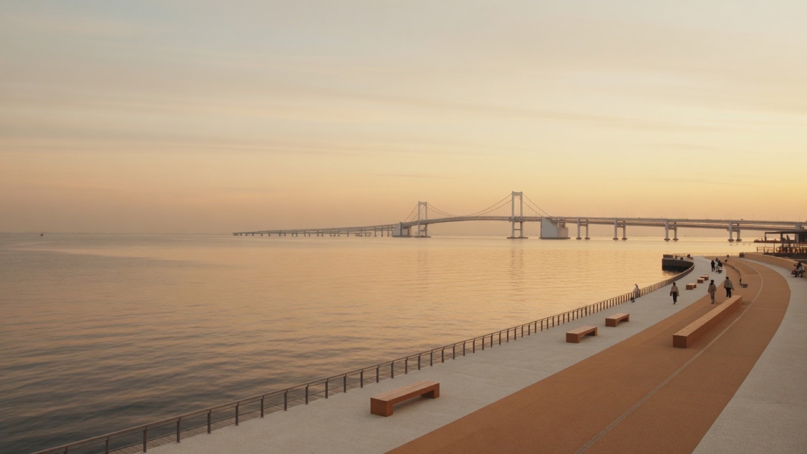 Tokyo waterfront promenade with Rainbow Bridge Odaiba