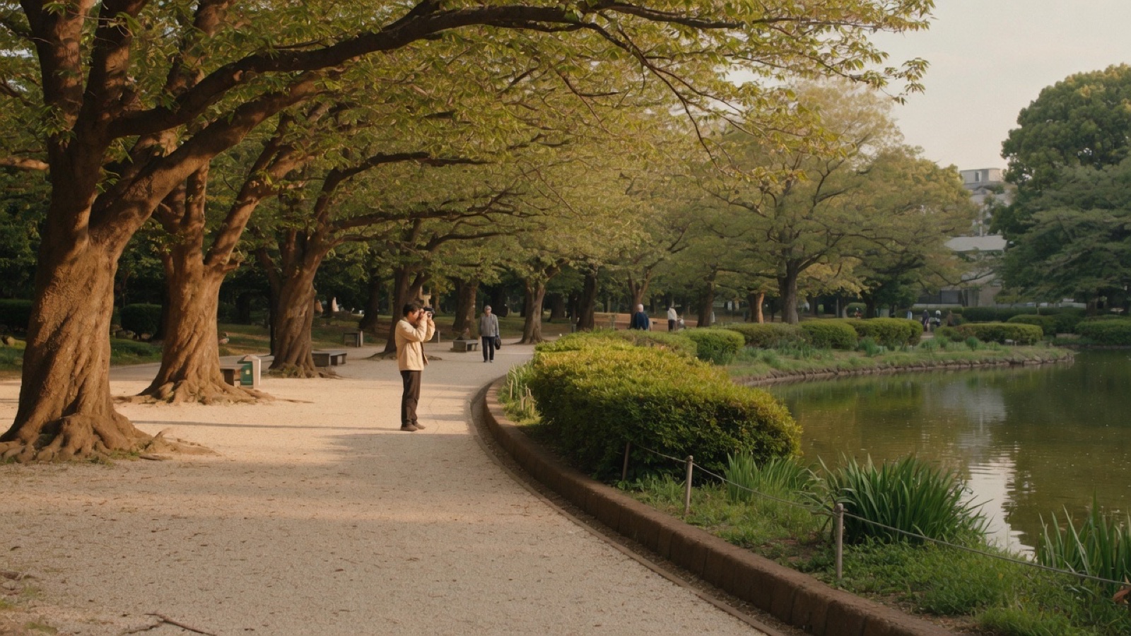 Ueno Park paths pond and museum buildings Tokyo