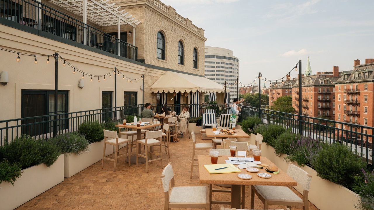 The Graham Georgetown rooftop with colleagues in business-casual seating